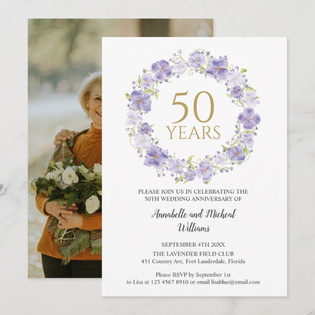Weiche Lavendel Blumenreath 50. Foto Hochzeit Einladung (Vorne/Hinten)
