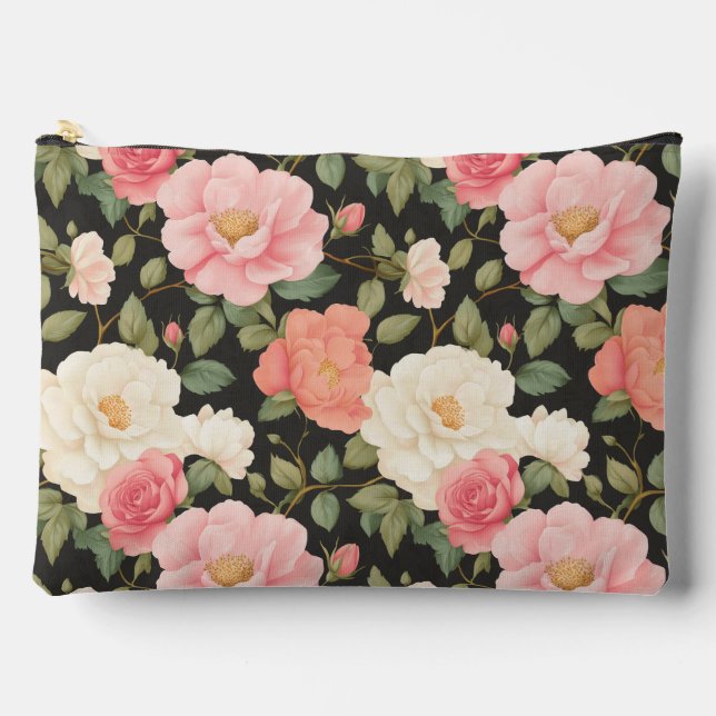Weiche Pastel-Rose Tief grüne Blätter Zubehörtasche (Vorderseite)