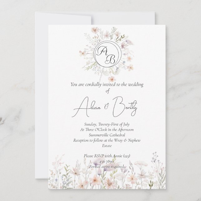 Weiche Pastel Watercolor Wilde Blume Hochzeit Einladung (Vorderseite)