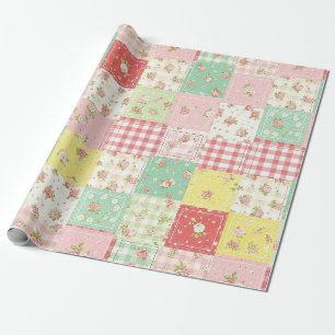 Weiche Pastell-Blumen-Patchwork-Gingham-Karo Geschenkpapier