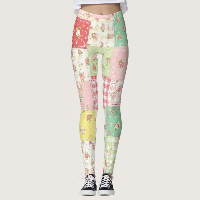 Weiche Pastell-Blumen-Patchwork-Gingham-Karo Leggings (Vorderseite)