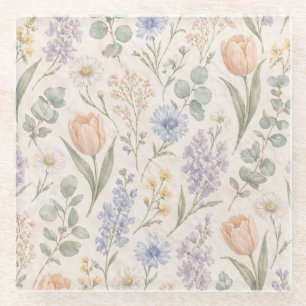 Weiche Pastell-Frühlingswiese Aquarell-Tulpen Flie Glasuntersetzer