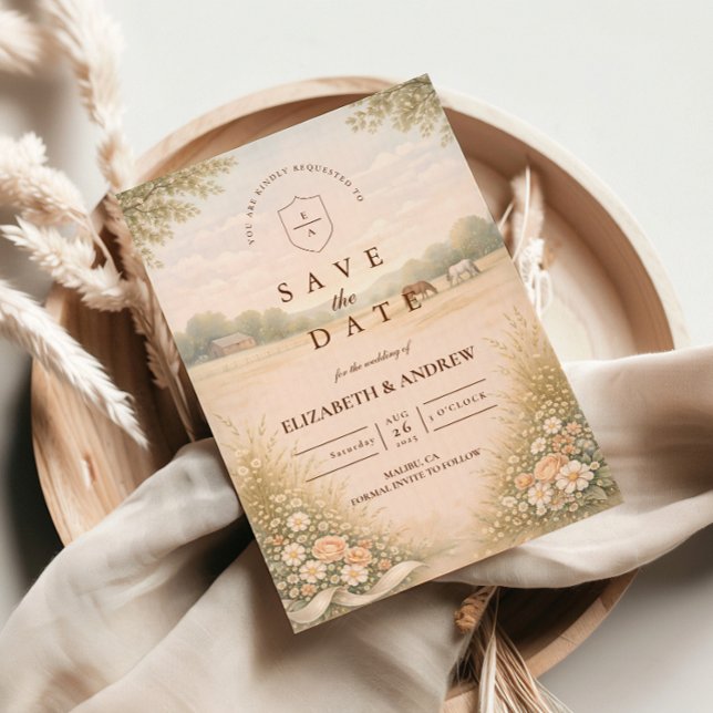 Weiche Pastell-Landschaft-Wiesen-Hochzeit Save The Date (Von Creator hochgeladen)