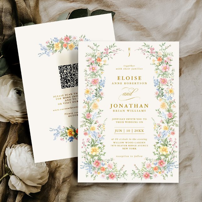 Weiche Pastell-Ornamentale Frühlingsblumen QR-Code Einladung (Soft Pastel Ornate Spring Floral QR Code Wedding Invitation)