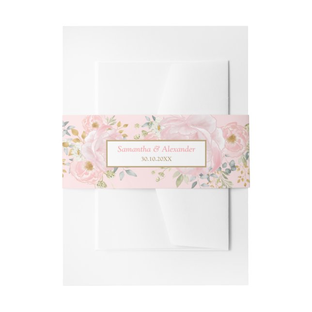Weiche Pastelle Wasserfarbe Rosa Blüte + Grüne Einladungsbanderole (Vorderseite Beispiel)
