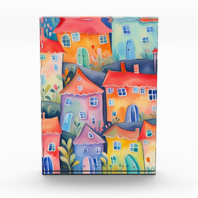 Weiche pastellfarbene kleine Häuser in friedlicher Fotoblock (Vorderseite)
