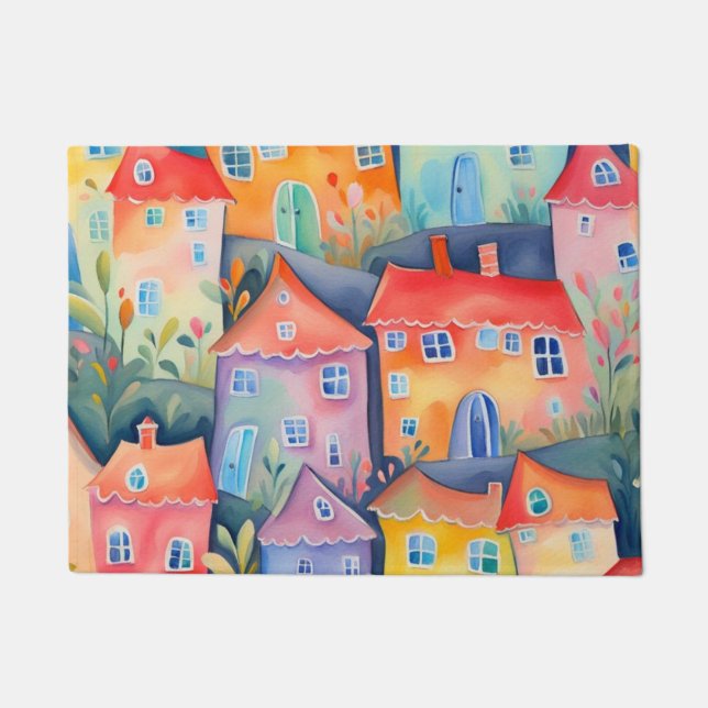 Weiche pastellfarbene kleine Häuser in friedlicher Fußmatte (Vorderseite)