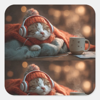 Weiche Pause – Kuscheliger Winterkatzen-Aufkleber Quadratischer Aufkleber