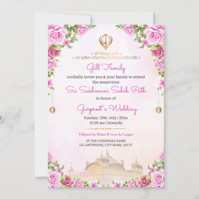 Weiche rosa florale Sukhmani Sahib Path Einladung (Vorderseite)