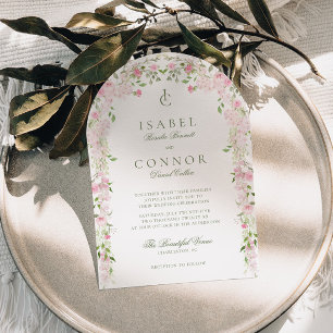 Weiche rosa grüne florale Bogenhochzeit Einladung