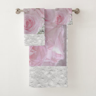 Weiche rosa Rosen und Gipskraut Badhandtuch Set