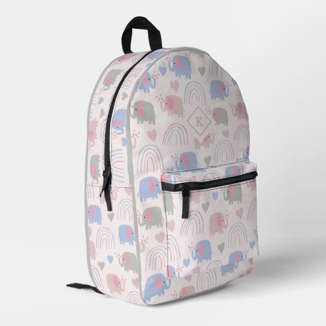 Weiche Töne niedliche Elefanten und Herz-Boho-Must Bedruckter Rucksack (Rückseitige Ecke links)