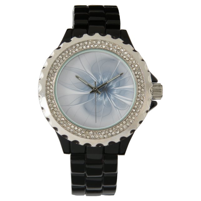 Weiche und zarte blaue Fraktal Fantasie Blume Armbanduhr (Vorderseite)