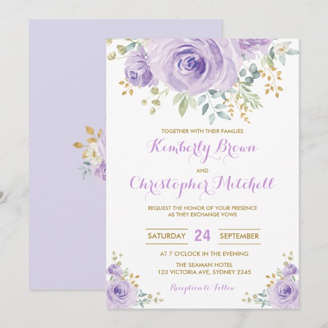 Weiche Wasserfarbe Lila Lilac Floral Wedparty Einladung (Vorne/Hinten)