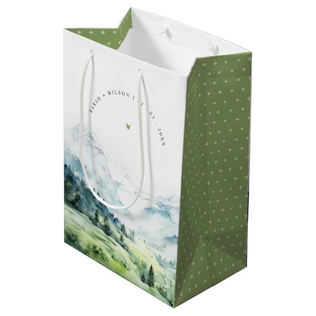Weiche Wasserfarbe Schneeberg Landschaft Hochzeit Mittlere Geschenktüte (Rückseite Schrägansicht)