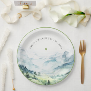 Weiche Wasserfarbe Schneeberg Landschaft Hochzeit Pappteller