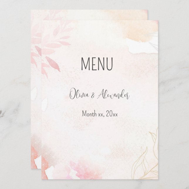 Weiche Wasserhymne Blush Bloral Hochzeit Menükarte (Vorne/Hinten)