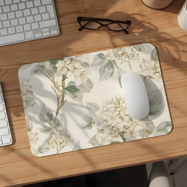 Weiche weiße Hortensien-Blumenmuster Mousepad (Von Creator hochgeladen)