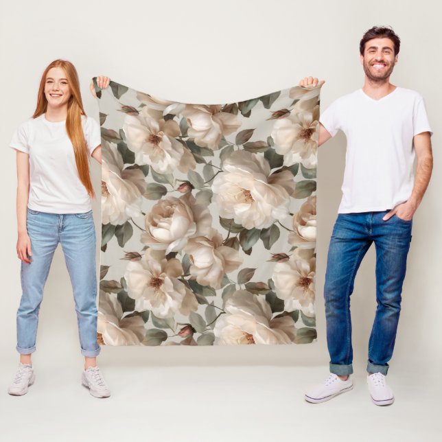 Weiche Weiße Rosen Beige Blumenmuster Fleecedecke (Beispiel)