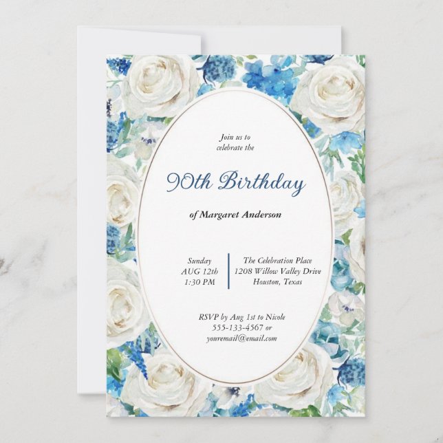 WEICHER AQUA BLUSH BLUE BLUE FLORAL 80 JEDER ALTER EINLADUNG (Vorderseite)