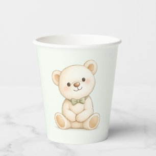 Weicher beiger Wasserfarben-Teddybär mit salbeigrü Pappbecher
