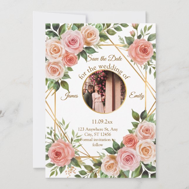 Weicher geometrischer Rahmen mit floralen Rahmen z Save The Date (Vorderseite)