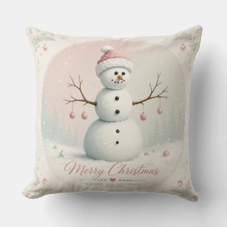 Weicher Pastellrosa Schneemann Winterwald Kissen