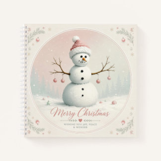 Weicher Pastellrosa Schneemann Winterwald Notizbuch
