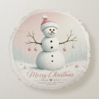 Weicher Pastellrosa Schneemann Winterwald Rundes Kissen