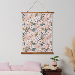 Weicher Pfirsich-Sakura-Zweig Botanisches Muster Wandteppich Mit Holzrahmen