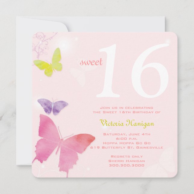 Weicher rosa Schmetterlings-Themed Bonbon 16 Einladung (Vorderseite)