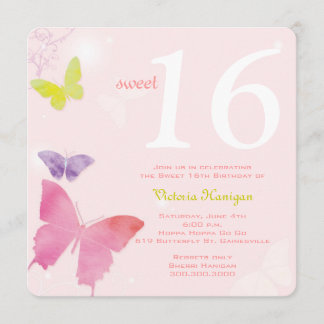 Weicher rosa Schmetterlings-Themed Bonbon 16 Einladung