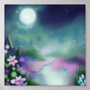 Weicher Wasserfarben-Teich und Mond Poster