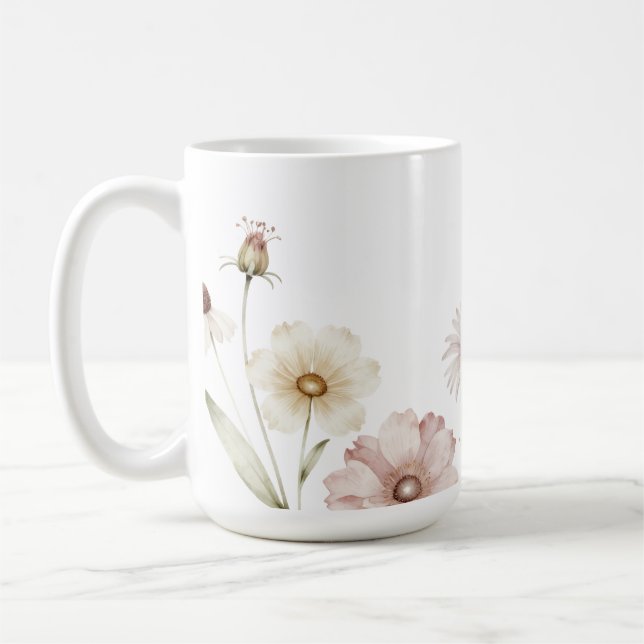 Weicher Wildblumen-Rand Wasserfarben-Hintergrund Kaffeetasse (Links)