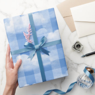 Weiches Blau Weiß Sommer Gingham Wolken Karo Muste Geschenkpapier