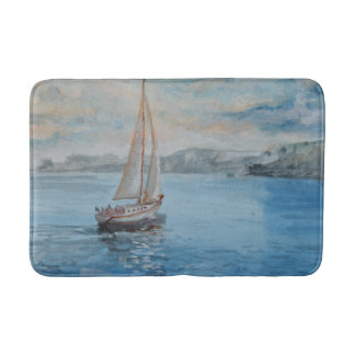 Weiches blaues Aquarell-Segelboot-Badezimmer-Matte Badematte