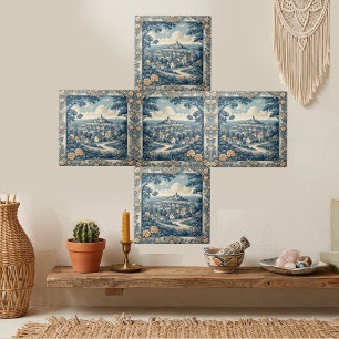 Weiches blaues französisches Toile beige Blumen Co Fliese