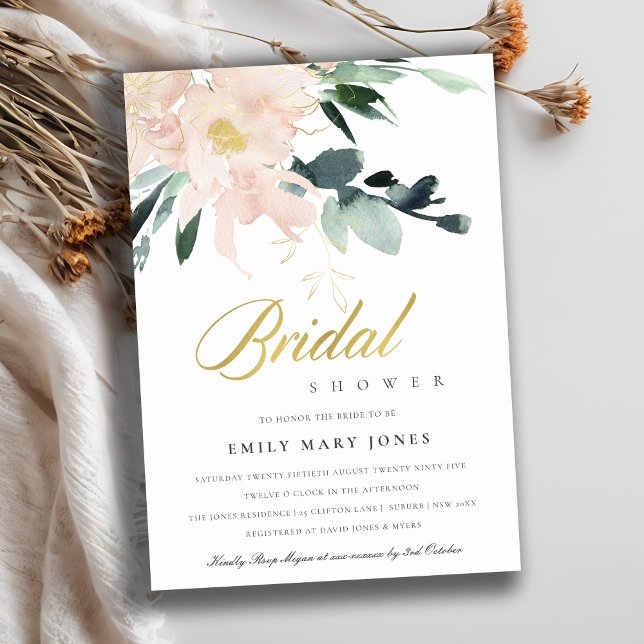 WEICHES BLUSFLORAL GOLD WATERCOLOR BRAUTPARTY EINLADUNG (Von Creator hochgeladen)