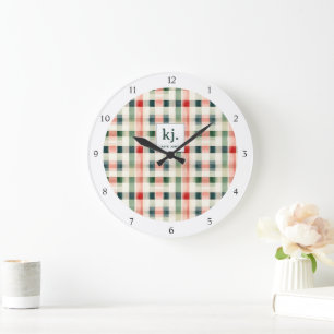 Weiches Evergreen-Gingham-Monogramm Große Wanduhr