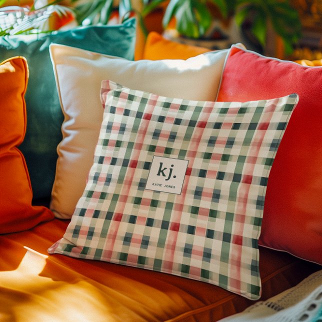 Weiches Evergrün-Gingham-Monogramm Kissen (Von Creator hochgeladen)