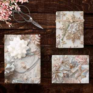 Weiches Gold Barock Blumen Garten mit Schmetterlin Geschenkpapier Set