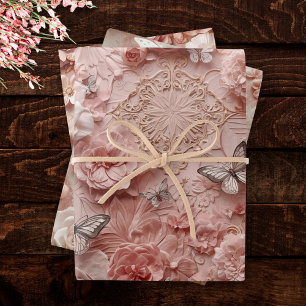 Weiches Gold Barock Rouge Florale Schmetterlings C Geschenkpapier Set