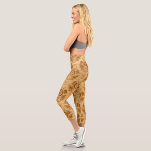 Weiches Gold Damast Blumenmuster Capri Leggings