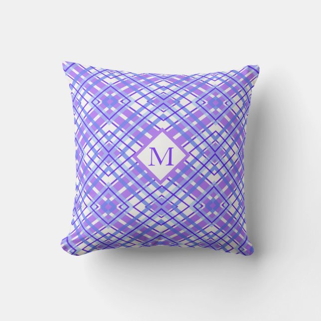 Weiches Lila und blaues Pastell Kariertes Monogram Kissen (Vorderseite)