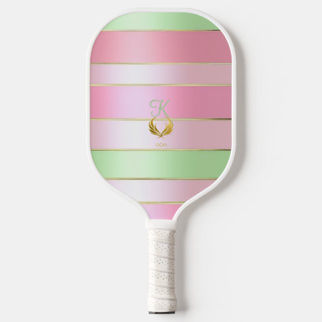 Weiches Pastell-Rosa und Grün gestreift Pickleball Schläger (Vorderseite)