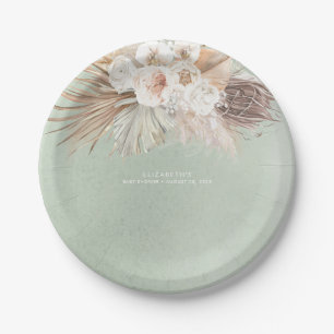 Weiches Pastell-Salbei-Grün Pampasgras und Blumen Pappteller