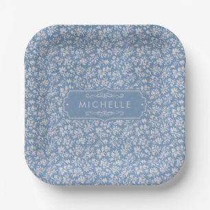 Weiches Pastellblau und Grau-Weiß Blumenmuster Boh Pappteller
