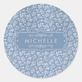 Weiches Pastellblau und Grauweißer Blumen-Boho-Mus Runder Aufkleber