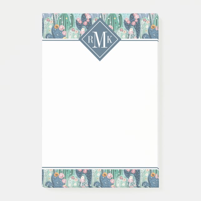 Weiches Patel Kaktus-Muster des Monogramm-| Post-it Klebezettel (Vorderseite)