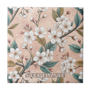 Weiches Pfirsich-Sakura-Zweig Botanisches Muster Fliese